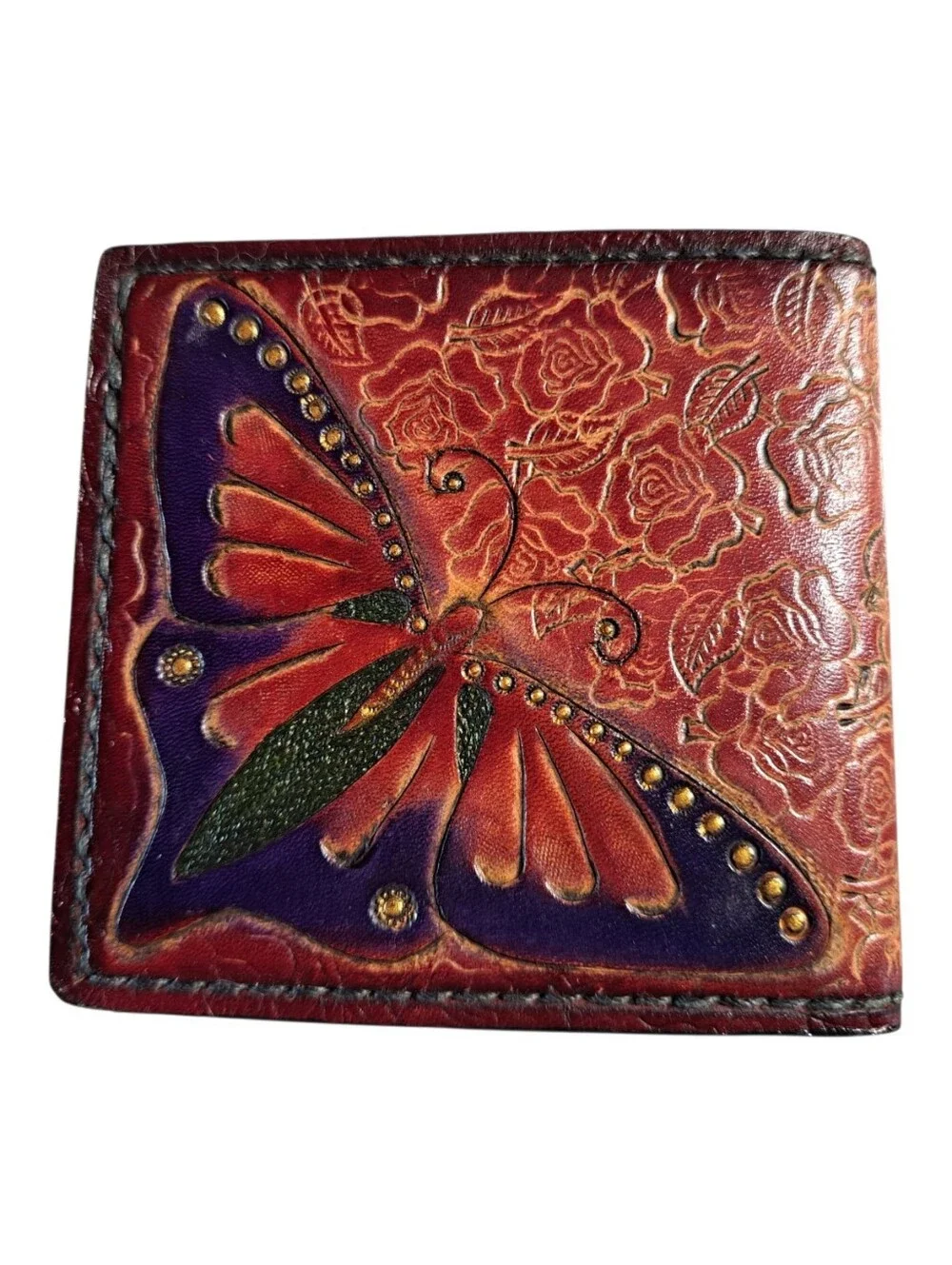 Hand Tooled Leather Butterfly Bifold Wallet